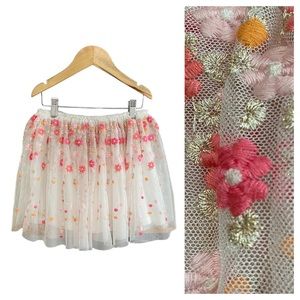 Mayoral Cream Pink Orange Gold Floral Embroidered Tulle Skirt